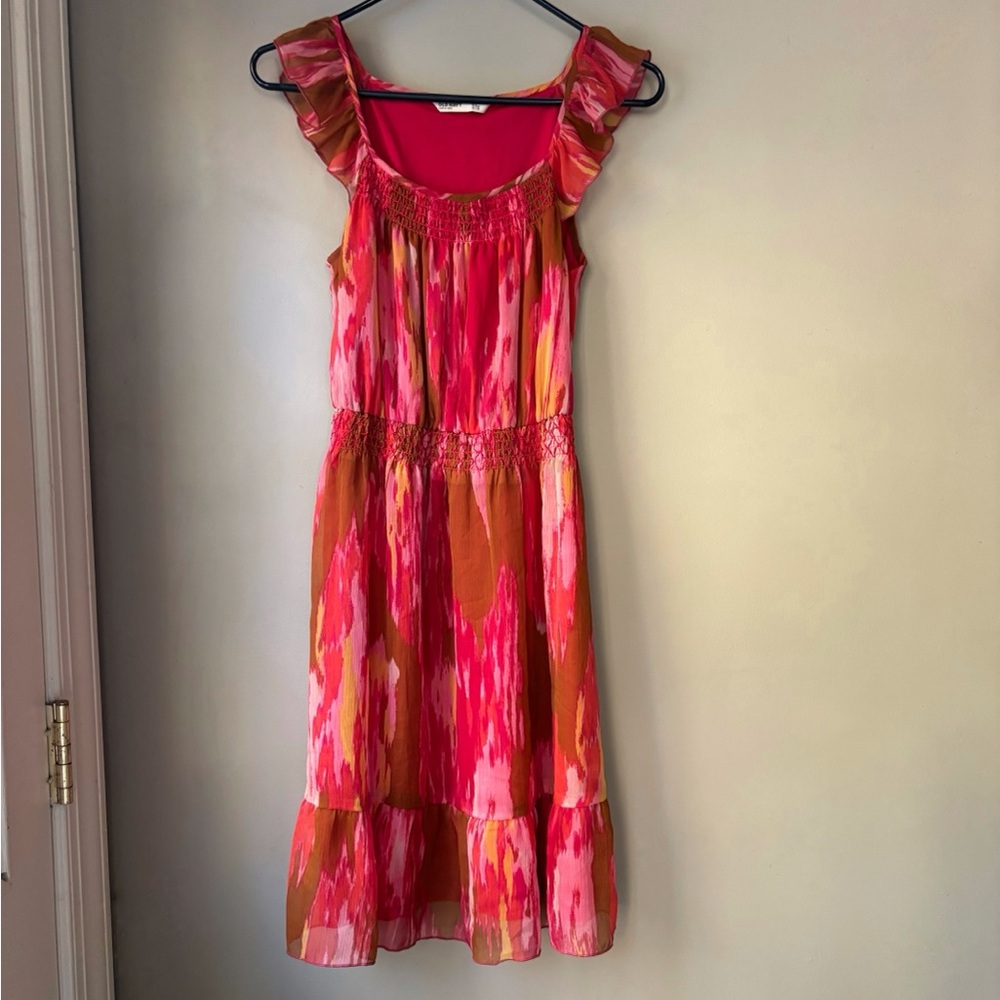 Old Navy Y2K Pink and Orange Print Flutter Sleeve Midi Dress S